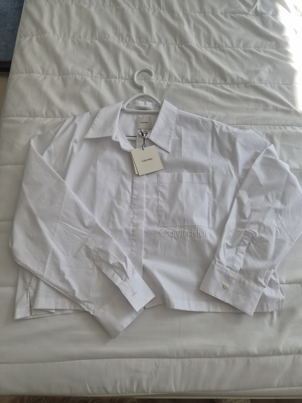 Calvin Klein Men’s White Long Sleeve Dress Shirt with Chest Pocket